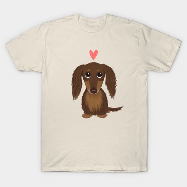 Longhaired Chocolate Dachshund | Cute Wiener Dog with Heart T-Shirt by Coffee Squirrel